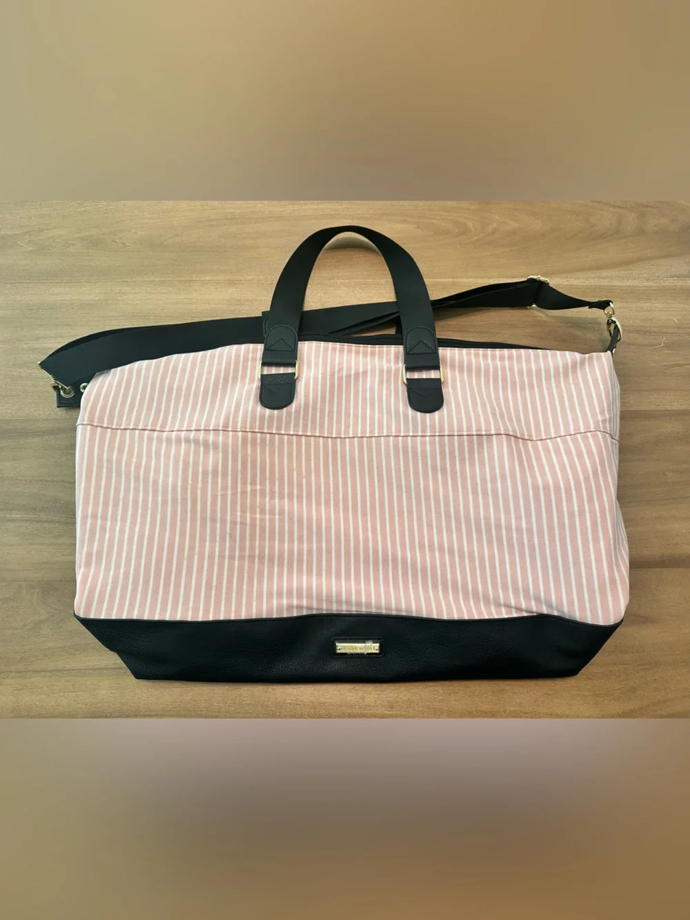 Madden Girl Pink Stripe and Black Trim Duffel Bag
